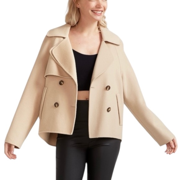 Belle & Bloom Wool Blend Peacoat S Pale Oat Oversized Cropped Classic Outerwear - Picture 1 of 15